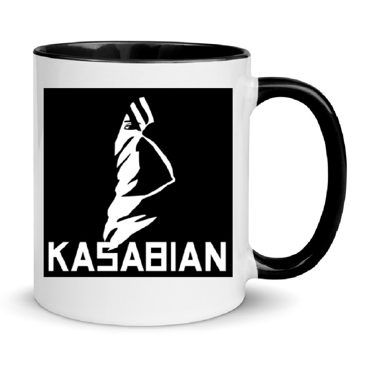 Cana ceramica Kasabian, 330ml, alb cu negru, rezistenta la masina de spalat vase