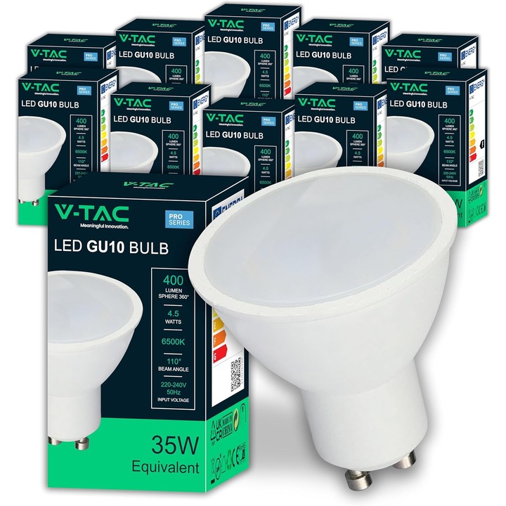 10 x Becuri LED V-TAC GU10 4.5W, 400lm, Alb Rece 6500K