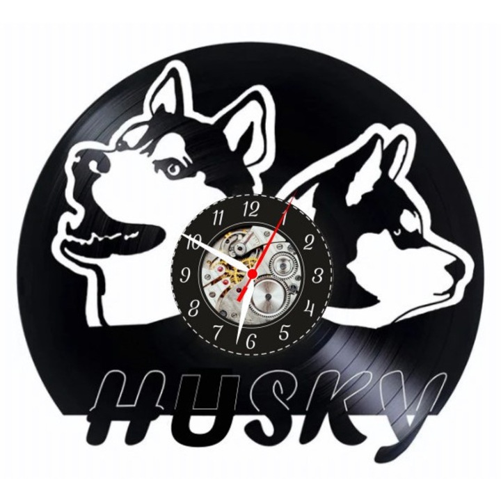 Dekoratív falióra - Husky Hűséges Barátok - Northern Spirit Design - bakelit lemezből (Vinyl Record) készült, fekete