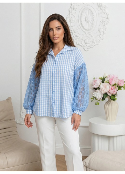 Camasa bleu cu carouri si maneci din dantela, Albastru, One Size