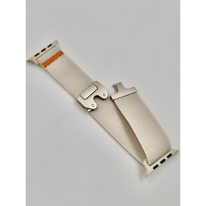 Bratara Textila Elastica Compatibila Apple Watch 38/40/41/42 mm, Reglabila cu Catarama Metalica de Siguranta, Unisex, Bej / Crem