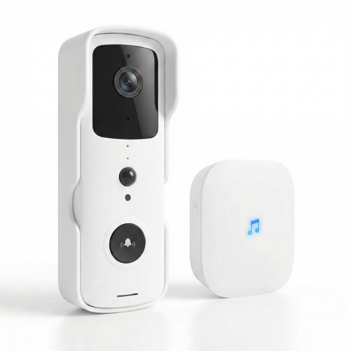 Sonerie Video Inteligenta Smart Wi-Fi Alista Home®, Full HD 1080p, Fara Fir, Acumulatori Schimbabili Inclusi, Night Vision, Comunicare Bidirectionala, Senzor Miscare PIR, IP55, Alb