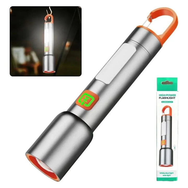 Lanterna LED Profesionala, 3 Surse de Iluminare, Reincarcabila prin USB, Sistem de Prindere, Argintiu