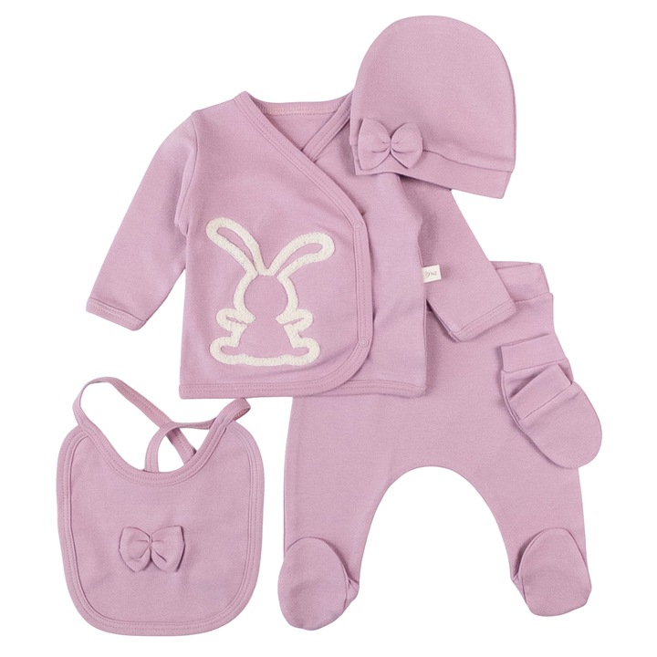 Set 5 piese pentru Nou Nascuti fetite, Model Iepuras, mov 62 CM