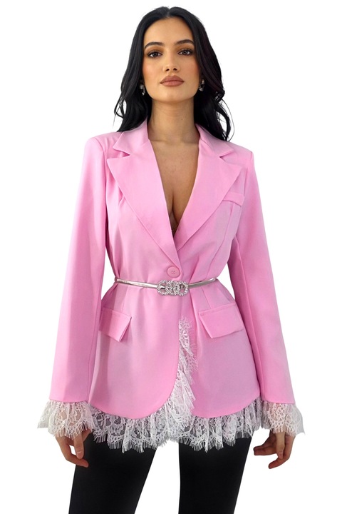 Hosszú, elegáns KISHA pasztell blézer, csipkebetétekkel, rózsaszín, S/M méret, FashionForYou