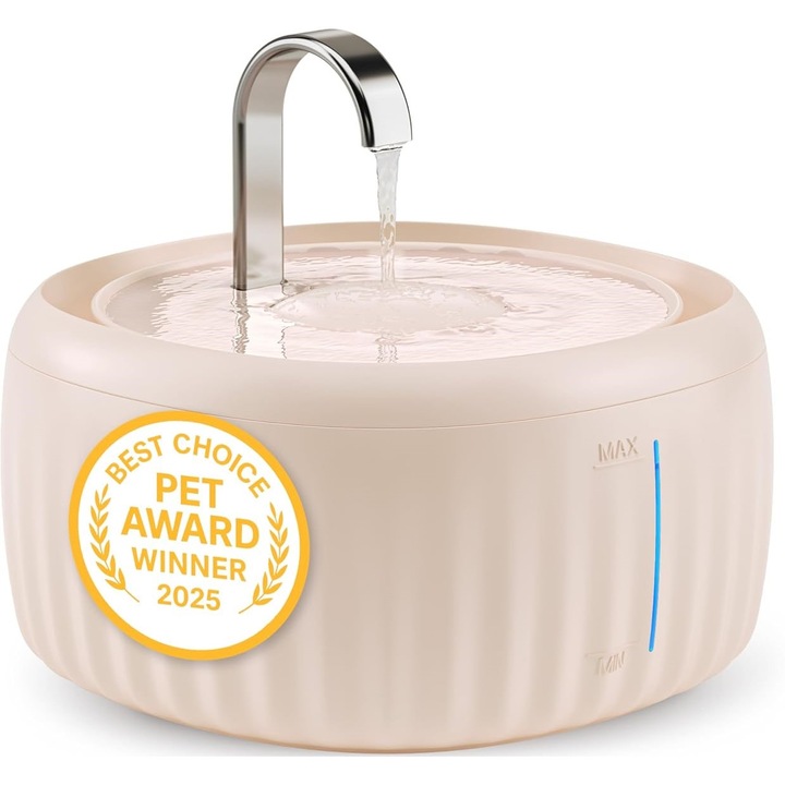 Фонтан за вода за котки Pretty Paw AquaFlow Pro, 2.8L, Супер тих, LED индикатор за нивото на водата, Филтър с активен въглен, Без BPA, Хранителна пластмаса, Бежов цвят