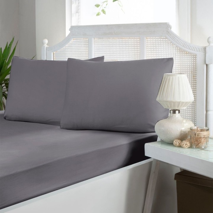 Set husa de pat cu elastic si 2 fete de perna, 100% bumbac satinat, 200x200cm, First Choice, Gri (Quick Silver)