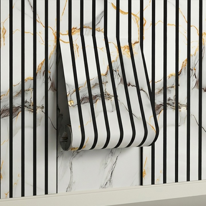 Riflaj 3D Teno®, panou model marmura, suprafata acoperire 1.74 mp, autoadeziva, waterproof, usor de montat, design modern, 58 cm x 3 m, alb gri