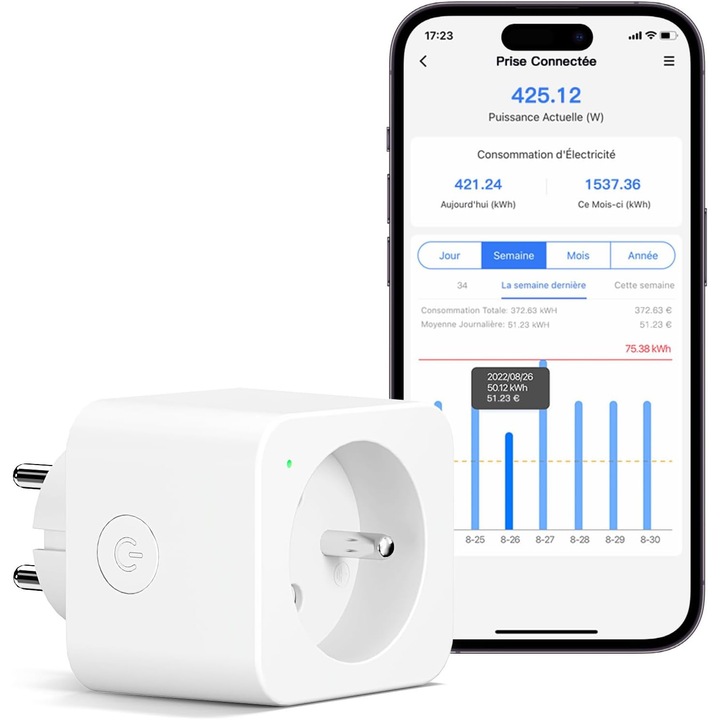 Priza Inteligenta Meross WiFi 16A, Control Vocal, Monitorizare Consum