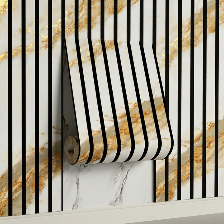 Riflaj 3D Teno®, panou model marmura, suprafata acoperire 1.74 mp, autoadeziva, waterproof, usor de montat, design modern, 58 cm x 3 m, alb auriu