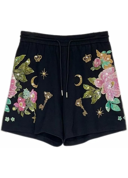 Pantaloni Scurti Dama cu Talie Inalta & Model cu Aplicatii Stralucitoare – Lejeri, Confortabili, Perfecti pentru Vara, Negri, Negru