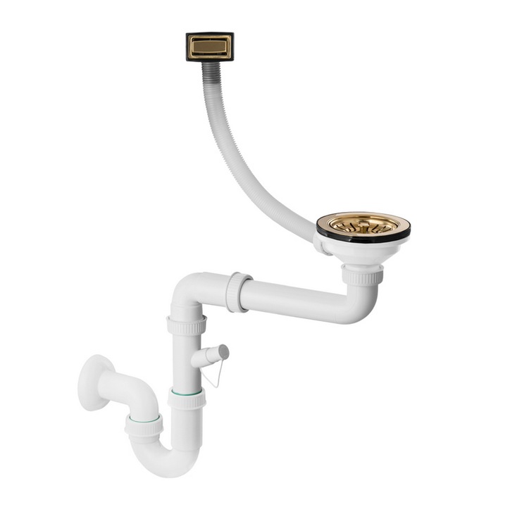 Сифон за отцеждане за кухненска мивка от гранит, една купа, правоъгълен преливник, златен цвят