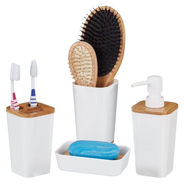 Set accesorii pentru baie Relaxdays, 4 piese, Dispenser sapun, Sapuniera, Suport periuta de dinti, Suport perii, Plastic/Bambus, Alb