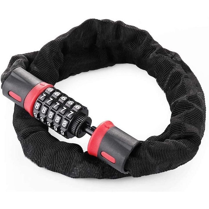 Lant antifurt bicicleta heavy duty, 5 cifre resetabile, Lungime 120 cm, Cablu otel cu husa textila, Sistem fara cheie, culoare Negru