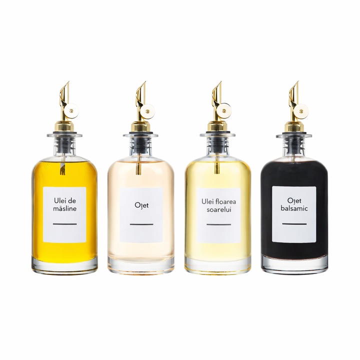 Set 4 Sticle Premium din Sticla 350 ml pentru Ulei, Otet si Siropuri, cu Dozator Auriu Automat, Etichete Reutilizabile si Palnie Inclusa
