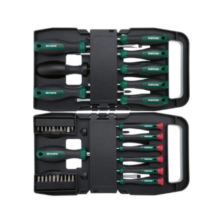 Комплект отвертки и битове, 37 елемента, Parkside, 7 отвертки, 19 бита, черен