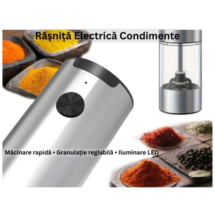 Rasnita electrica sare si piper Verk Group, macinare reglabila, iluminare LED, 17 × 5 cm, otel inoxidabil, argintiu