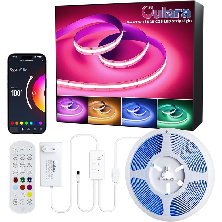 Banda LED RGB COB OULARA, 10 m, 24V, 5760 LED-uri, Dimmabila, Control WiFi Alexa/Google Assistant/Tuya, Telecomanda IR si Aplicatie, Clasa energetica F, Multicolor