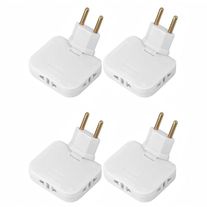 Set 4 piese, Adaptor, priza tripla, rotatie 180°, Omelivon®, pentru spatii inguste, Alb