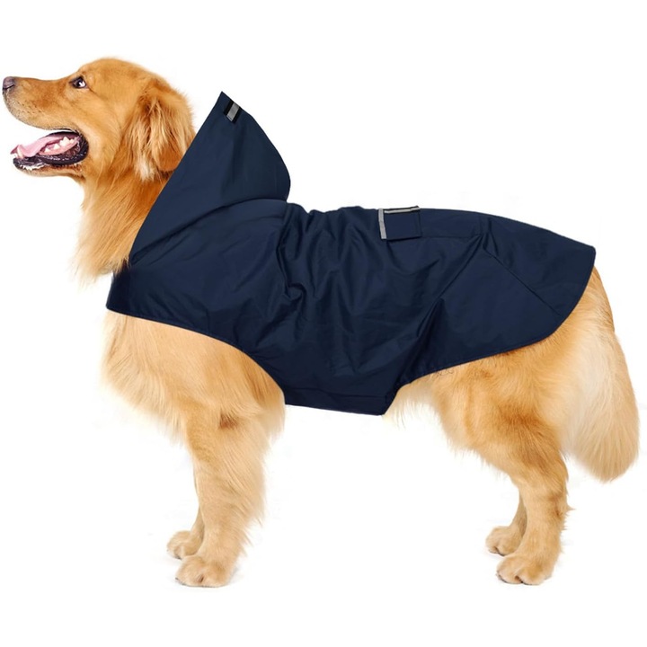 Raincoat pentru caini cu gluga, 100% impermeabil, ultrausor si respirabil, cu benzi reflectorizante, potrivit pentru caini de talie medie (L, negru), 43*34*32