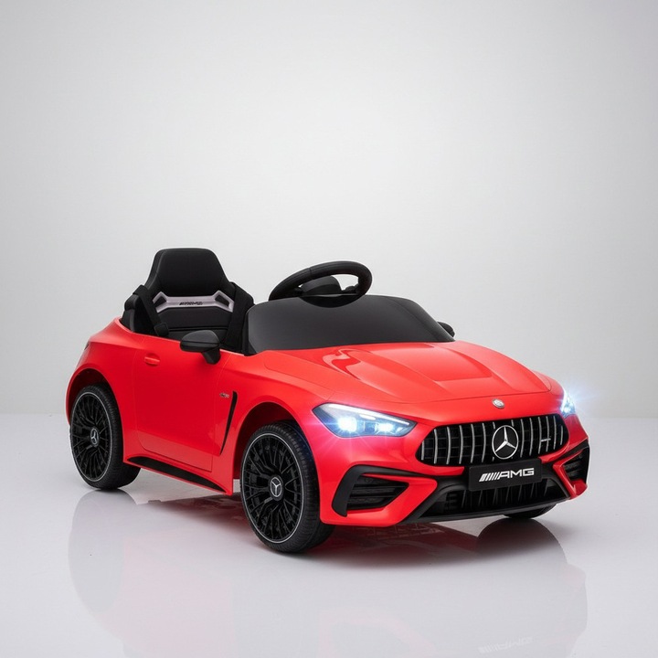 Masinuta Electrica de Tip Mercedes AMG, Comando Kids, Centura Siguranta, Scaun Piele Ecologica, Roti Auxiliare, 2 Motoare, Acumulator, Suspensii Amortizare, Sistem Anti-Rasturnare, Faruri Fata-Spate, MP3 Player, Greutate Admisa 25 Kg, Varsta 3-6 Ani, Rosu