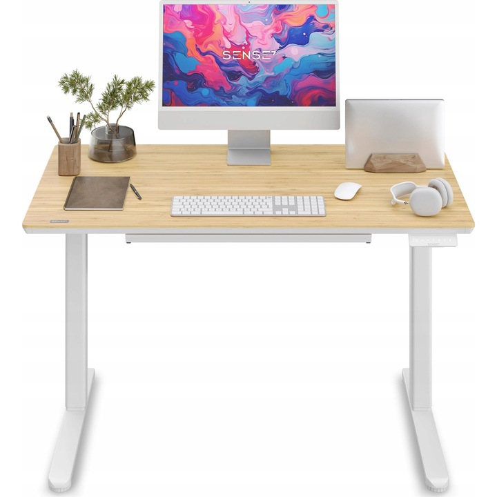 Birou Luka SENSE7, 120x60 cm, alb, blat din bambus, inaltime reglabila electric, cu sertar si carlig pentru accesorii