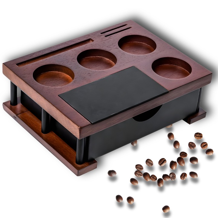 Statie Barista Jaskus® CoffeePro Lemn Masiv 28x22cm, Organizator Espresso cu Sertar Colector Zat, Tamping Mat, Suport Portafiltru 51-58mm