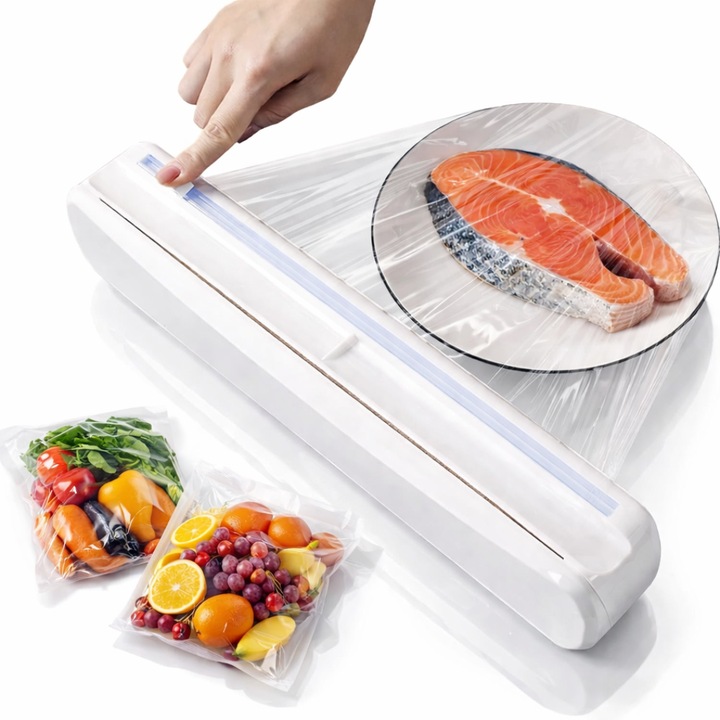 Élelmiszerfólia adagoló, Macvi, 37cm, 12 csúszásgátló tapadókorong, fehér