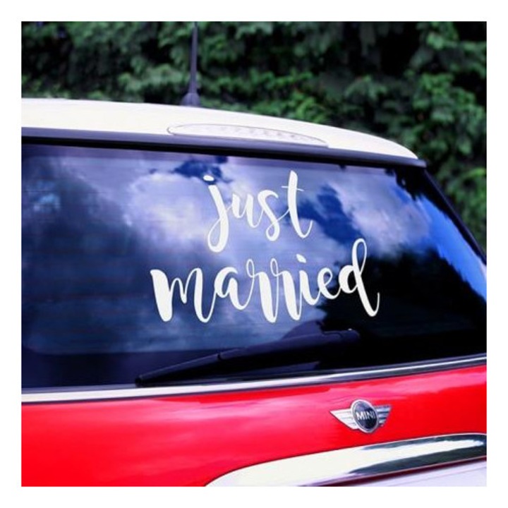 Автомобилен стикер, Лука, Just Married, бял, 33x45см
