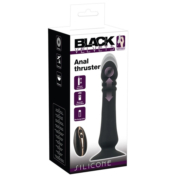 Anális vibrátor tapadókoronggal, Black Velvets, 20cm, 7 rezgési mód, 3 sebesség, fekete