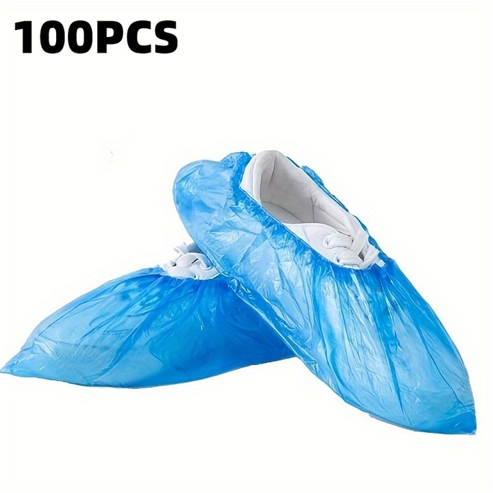 Set 100 bucati huse de pantofi din plastic, impermeabile, pentru interior, dimensiune ajustabila