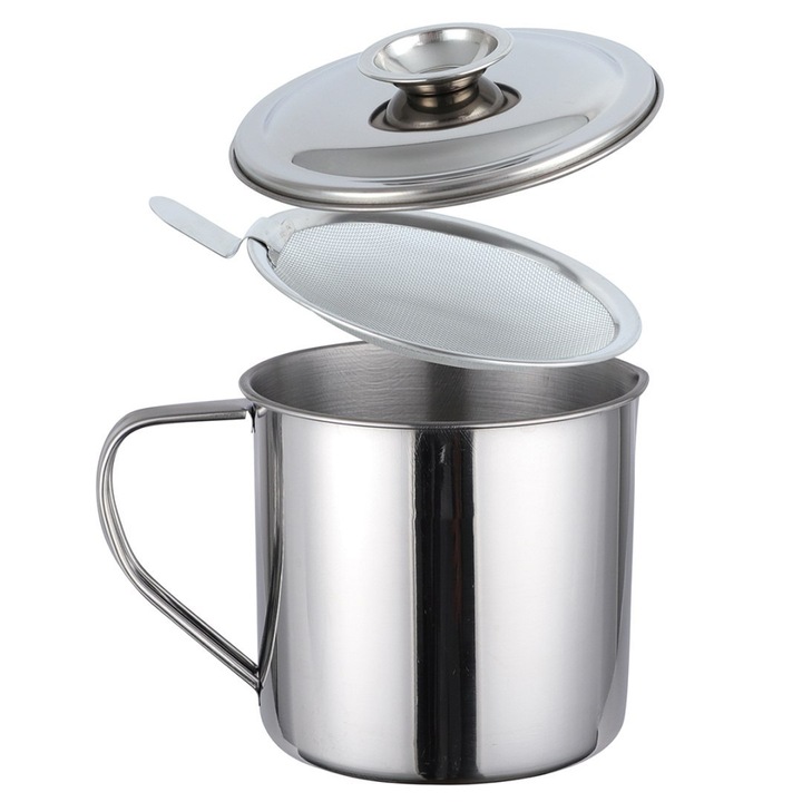 Kinghoff olajtartó edény 1,2L, inox, fedővel, szűrővel, O12,3cm, magasság 11,5cm