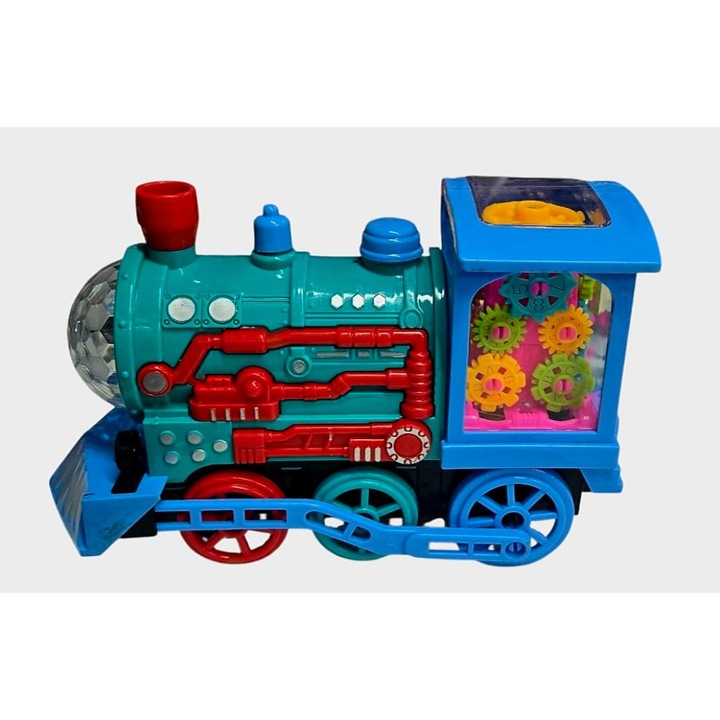 Locomotivă cu baterii, angrenaje vizibile, lumini colorate, pentru băieți