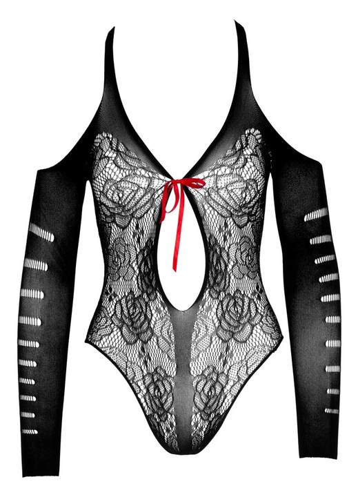 Szexi fekete csipkés body XQSE, 3/4-es ujjakkal, S-L méret