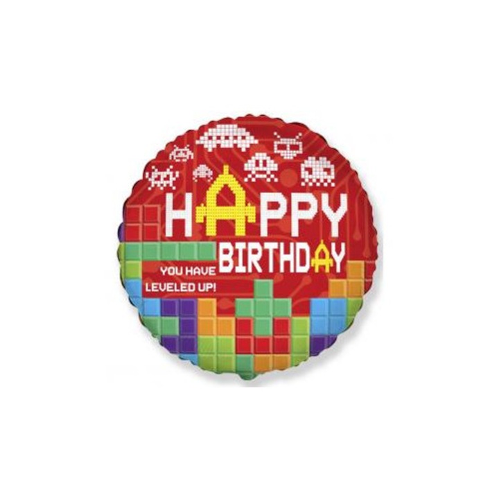 Fólia lufi 18", Happy Birthday, Tetris design, többszínű, 48cm, 1 db-os készlet.