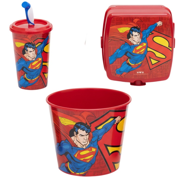 Set prânz copii MASTPAD 3 piese, caserolă compartimentată, pahar cu pai, roșu