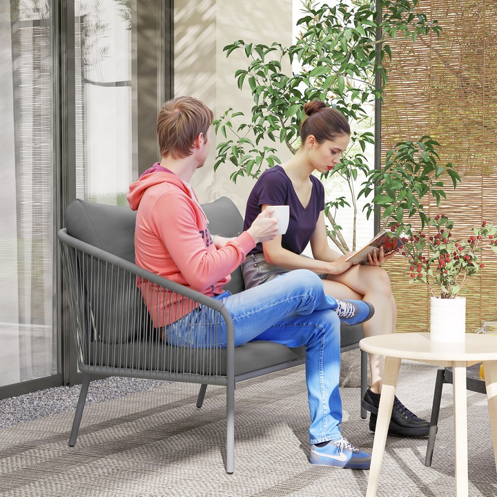 Outsunny Canapea de Gradina pentru 2 Persoane din Rattan PE, Stil Boho, cu Perne Detasabile si Brate, Verde