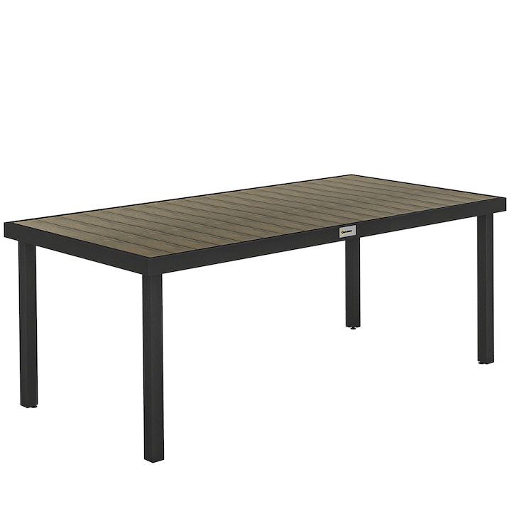 Masa de Dining pentru Gradina, Outsunny, Aluminiu, Plastic, 190 cm x 90 cm x 74 cm, Aspect Lemn Maro, Negru