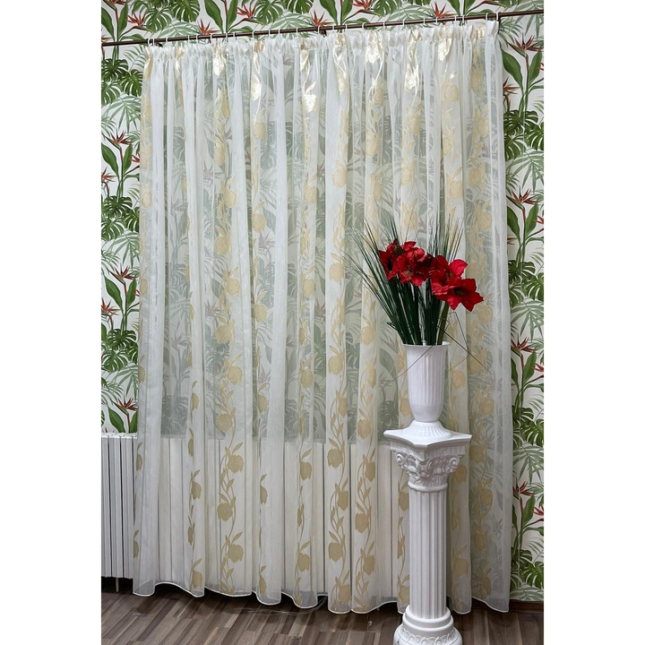 Perdea brodata mecanic, culoare ivoire/cappuccino, din colectia "Lallely" by Liz Line, 600x245cm, cu rejansa PD1596