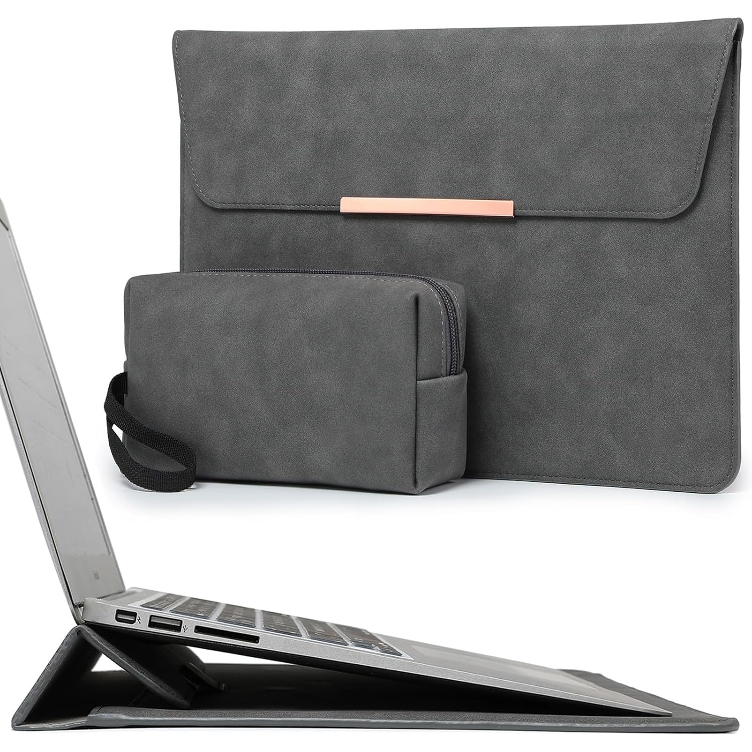 Husă laptop 15", HYZUO, suport ergonomic integrat, gri spațiu, 34.5x24cm