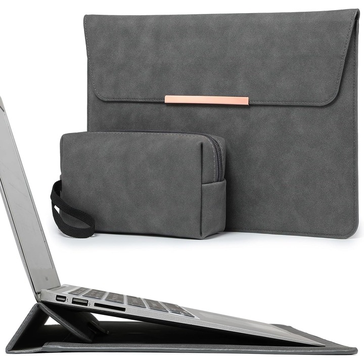 Husă laptop 15", HYZUO, suport ergonomic integrat, gri spațiu, 34.5x24cm