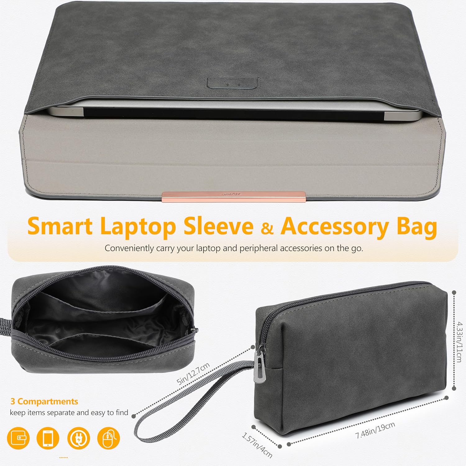Husă laptop 15", HYZUO, suport ergonomic integrat, gri spațiu, 34.5x24cm