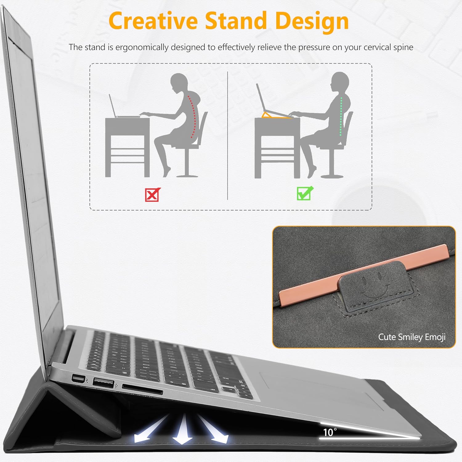 Husă laptop 15", HYZUO, suport ergonomic integrat, gri spațiu, 34.5x24cm