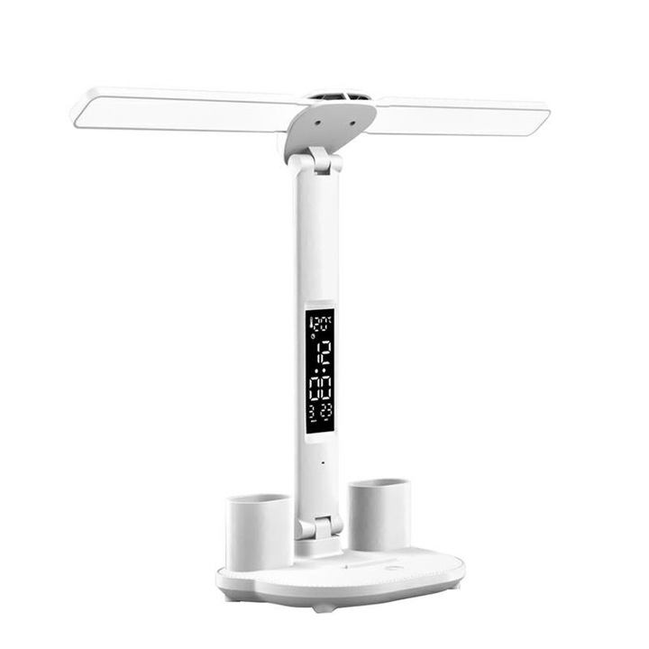 Настолна лампа Gotel K711K с термометър, часовник, календар, 3 цвята на светлината, 32x45x12см, батерия 3200mAh, комплект с 2 стойки за бюро