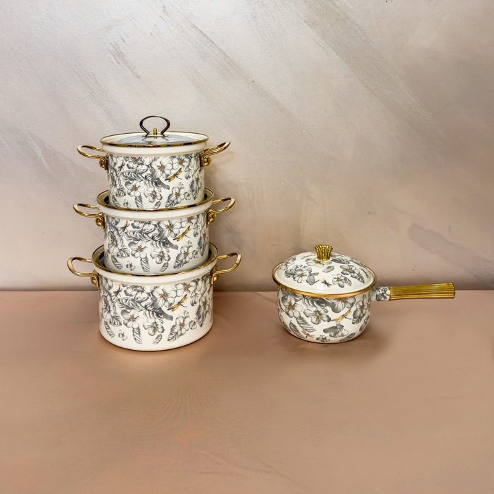 Set oale emailate 5 piese cu capace, otel emailat, model floral Autumn, multicolor, 18-24 cm