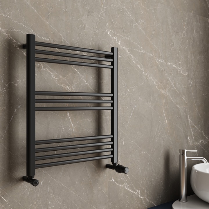 Calorifer baie portprosop Thermofix, drept, otel, negru, 700 x 600 mm, accesorii incluse