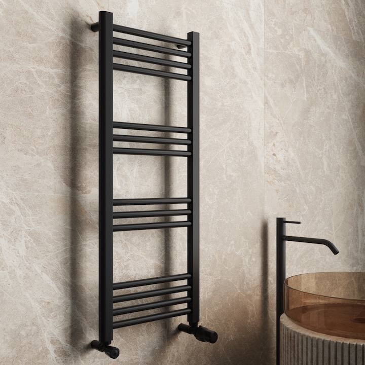 Calorifer baie portprosop Thermofix, drept, otel, negru, 1000 x 400 mm, accesorii incluse