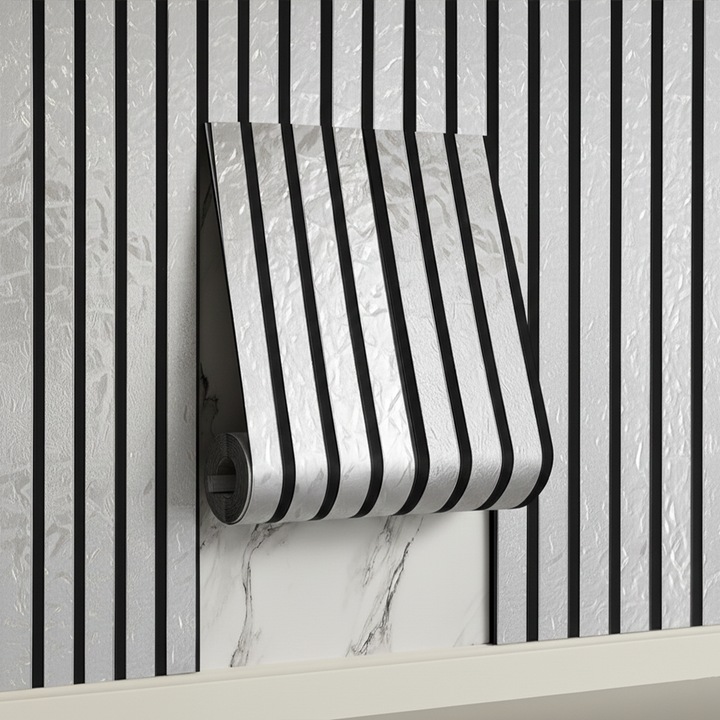 Tapet Teno, riflaj 3D, autoadeziv, waterproof, argintiu, 58cm x 3m