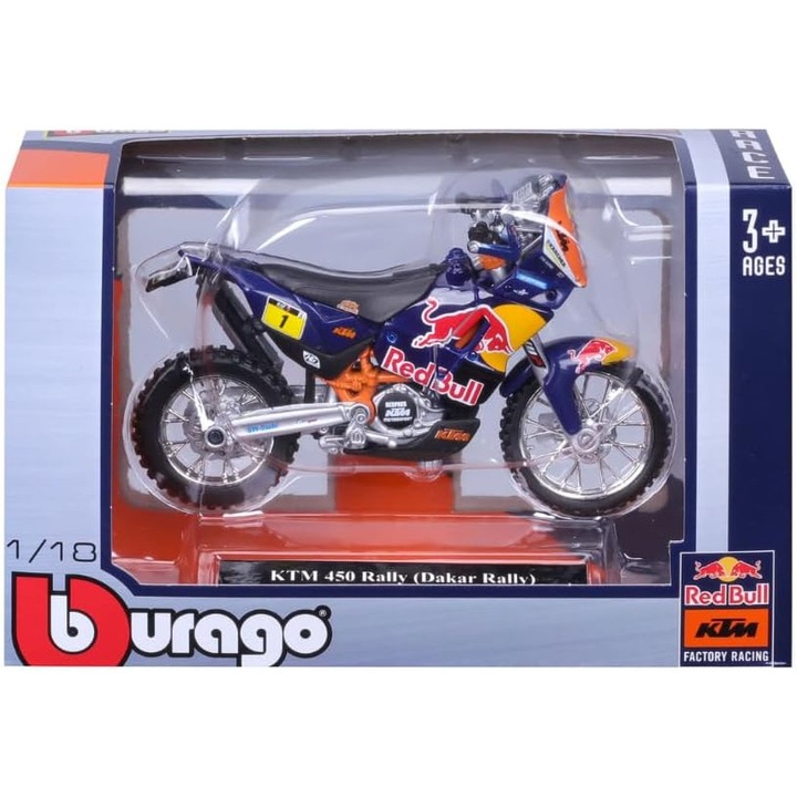 Set de motociclete metalice BBurago KTM 450 SX-F 1:18, 3 modele diferite, detalii realiste, multicolor
