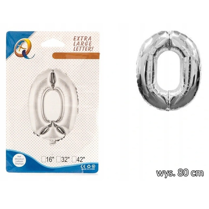 Fólia lufi, szám, 0, 80cm, ezüst